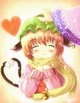  animal_ears bell blush brown_hair cat_ears cat_tail chen daiso earrings hat heart heart_tail jewelry jingle_bell multiple_tails petting scarf short_hair smile solo_focus tail touhou yakumo_ran 