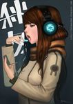 brown_hair compact copyright_request hands headphones jacket lips lipstick lipstick_tube lokman_lam long_hair makeup mirror scarf solo tongue 