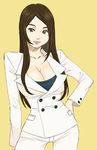  blazer breasts brown_eyes brown_hair buttons cleavage copyright_request eyeshadow formal hand_on_hip jacket large_breasts lips lipstick long_hair makeup mole pant_suit pants pink_lipstick pouty_lips solo suit yuzuka_(artist) 