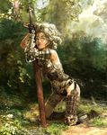  anesaki_dynamic armor forest grey_eyes kneeling leaning_forward nature original short_hair solo sword tan weapon 