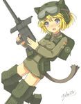  animal_ears bad_id bad_pixiv_id blonde_hair blue_eyes cat_ears goggles gun helmet m4_sherman_(personification) mecha_musume military original retorillo short_hair solo tail thighhighs weapon zettai_ryouiki 