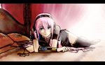  bed blue_eyes breasts cleavage come_hither eg. headphones highres long_hair lying medium_breasts megurine_luka on_stomach pillow pink_hair skirt smile solo thighhighs vocaloid wallpaper zettai_ryouiki 