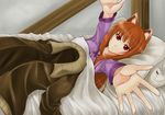  animal_ears bed brown_hair coat foreshortening hands holo kurogane_(blackxsilver) long_hair lying outstretched_arms outstretched_hand pillow reaching red_eyes solo spice_and_wolf 