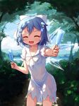  :d ^_^ adapted_costume alternate_costume blue_hair bow bra_strap cirno closed_eyes cowboy_shot day dress dripping facing_viewer fang food forest giving hair_bow hair_ornament hairclip highres ice ice_wings langbazi nature open_mouth outdoors popsicle see-through short_hair short_sleeves smile solo touhou wet wet_clothes white_dress wings 