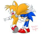  blue_eyes blush butt clothing footwear gloves grin male miles_prower poking redkelv shocked shoes sonic_(series) sonic_the_hedgehog sweat tail_grab tears 