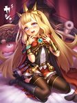  :d black_footwear black_legwear blonde_hair blush boots cagliostro_(granblue_fantasy) commentary_request cross-laced_footwear granblue_fantasy hairband knee_boots lace-up_boots long_hair open_mouth ouroboros_(granblue_fantasy) pink_eyes red_skirt sitting skirt smile solo spikes thighhighs vial wariza yapo_(croquis_side) zettai_ryouiki 