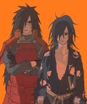  2boys armor black_hair closed_mouth cracked_skin crossed_arms crossover dororo_(tezuka) hair_over_one_eye highres hyakkimaru_(dororo) japanese_armor japanese_clothes kimono look-alike male_focus multiple_boys naruto_(series) orange_background red_eyes scabbard sheath simple_background uchiha_madara 