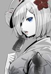  blue_eyes flower hair_flower hair_ornament hair_over_one_eye hairclip hamakaze_(kantai_collection) ikayaki kantai_collection kuso_bba mask monochrome short_hair silver_hair solo spot_color squid 