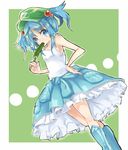  adapted_costume blue_eyes blue_footwear blue_hair boots cucumber dress eating hair_bobbles hair_ornament hand_on_hip hat highres kawashiro_nitori rubber_boots solo touhou twintails two_side_up zhu_xiang 