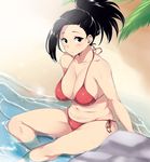  beach bikini black_eyes black_hair blush boku_no_hero_academia breasts collarbone halterneck highres large_breasts moisture_(chichi) outdoors parted_lips partially_submerged plump ponytail red_bikini rock side-tie_bikini sideboob sitting solo swimsuit thick_thighs thighs water wet yaoyorozu_momo 