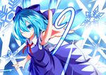  blue_eyes blue_hair bow cirno dress hair_bow ice ice_wings magarikado_(mgrkd) one_eye_closed outstretched_arm ribbon short_hair short_sleeves smile snowflakes solo touhou wings 