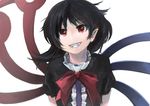  asymmetrical_wings black_dress black_hair bow dress grin houjuu_nue ichiba_youichi pointy_ears puffy_short_sleeves puffy_sleeves red_eyes short_sleeves smile solo touhou upper_body wings 