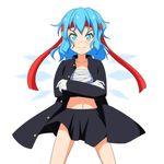  &gt;:) alternate_costume blue_eyes blue_hair cato_(monocatienus) cirno coat collarbone crossed_arms gakuran gloves hachimaki headband ice ice_wings long_sleeves looking_at_viewer midriff navel no_shirt open_clothes open_coat ouendan sarashi school_uniform skirt smile smirk solo touhou v-shaped_eyebrows white_gloves wings 