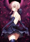  1girl ahoge artoria_pendragon_(all) back backless_dress backless_outfit bangs bare_shoulders black_dress black_gloves black_legwear black_ribbon blonde_hair blurry blurry_background braid breasts closed_mouth curtsey dress eclipse elbow_gloves fate/stay_night fate_(series) french_braid gloves hair_between_eyes hair_bun harimoji highres lolita_fashion long_hair looking_at_viewer medium_breasts pale_skin ribbon saber_alter sidelocks solo thighhighs yellow_eyes 