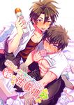  2boys begging condom condom_in_mouth condom_packet_strip condom_wrapper egg_vibrator mouth_hold multiple_boys sex_toy simple_background tissue tissue_box touken_ranbu undressing used_condom used_tissue vibrator yaoi 