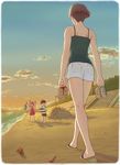  2girls bare_legs bare_shoulders beach brown_hair bucket camisole carrying child cloud crab gake_no_ue_no_ponyo holding holding_shoes jas kaze_no_tani_no_nausicaa kneepits lamppost lisa_(ponyo) long_image mother_and_son multiple_girls nape ohmu outdoors park ponyo sand_sculpture sandals seashell shell shoes shoes_removed short_hair shorts sky skyline sousuke_(ponyo) spaghetti_strap stairs star_(sky) sun sunset tall_image toy_boat walking water 