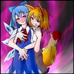  animal_ears bad_id bad_pixiv_id blonde_hair blue_eyes blue_hair blush bow bowl cirno cookie_(touhou) fox_ears fox_tail hair_bow holding_hands ice ice_wings miramikaru_riran multiple_girls original purple_eyes red_eyes shinmon_akika short_hair short_sleeves smile tail tongue tongue_out touhou wings 