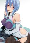  1girl blue_hair blush breasts breasts_squeezed_together covered_navel covered_nipples gloves kurowa large_breasts marguerite_(unlight) naughty_face pantyhose red_eyes short_hair solo_focus tentacles torn_clothes torn_pantyhose unlight 