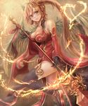  bad_id bad_pixiv_id black_legwear blonde_hair blush breasts cleavage earrings fire gloves heart highres holding holding_spear holding_weapon jewelry large_breasts leilan_(p&amp;d) long_hair looking_at_viewer polearm puzzle_&amp;_dragons sho_(shoichi-kokubun) side_ponytail smile solo spear thighhighs weapon wings yellow_eyes 