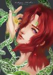  2015 absurdres blurry character_name dated earrings hair_over_one_eye hierophant_green highres jewelry jojo_no_kimyou_na_bouken kakyouin_noriaki looking_at_viewer male_focus ooike_(lmc00) purple_eyes red_hair scar scar_across_eye solo stand_(jojo) star 