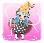  blue_hair boots chibi dress eruka_frog gradient gradient_background kiriga_naina long_hair pantyhose solo soul_eater table witch witch_hat 
