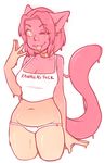  2015 blush cat cleavage clothed clothing english_text feline female glowing glowing_eyes goo gui_(character) hair mammal midriff navel one_eye_closed panties pink_body pink_hair shirt simple_background slime solo standing tank_top text three-quarter_portrait tongue tongue_out underwear white_background zyira 