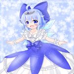  adapted_costume ahoge blue_dress blue_eyes blue_hair blush bow cirno collarbone commentary dress frilled_dress frills hair_bow highres ice ice_wings jewelry layered_dress mofu_mofu necklace open_mouth outstretched_arms overskirt pendant puffy_short_sleeves puffy_sleeves see-through short_sleeves smile solo tiara touhou white_dress wings wrist_cuffs 
