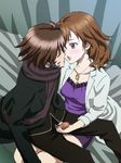  1boy 1girl blush brown_eyes brown_hair chf earrings erection eyes_closed guilty_crown handjob incest incipient_kiss jewelry kiss kissing labcoat lap long_hair mother_and_son necklace open_mouth ouma_haruka ouma_shuu penis saliva scarf sitting 