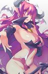  armpits bat breasts bright_pupils cape demon_girl demon_tail detached_sleeves disgaea floating_hair heart highres horns huge_breasts long_hair naso4 navel navel_cutout one_eye_covered open_mouth outstretched_arm pink_eyes pink_hair pointy_ears revealing_clothes sideboob slit_pupils solo succubus succubus_(disgaea) tail wings 