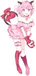  :d animal_ears bad_id bad_pixiv_id boots bow breasts cat_ears cat_tail choker cleavage dress fang full_body gloves highres looking_at_viewer mew_ichigo momomiya_ichigo off_shoulder open_mouth pink_choker pink_dress pink_eyes pink_hair piyo_(ppotatto) red_gloves short_hair simple_background small_breasts smile solo symbol-shaped_pupils tail tail_bow tokyo_mew_mew white_background 
