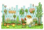  bag bear bird broom chick colored_pencil commentary fence flower_pot garden gardening grass hat java_sparrow no_humans original pencil plant potted_plant signature simple_background st.kuma straw_hat traditional_media trowel watercolor_(medium) watering_can white_background wooden_fence 