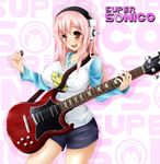  absurdres anakin_sky_(utcc) blush breasts character_name commentary electric_guitar guitar headphones highres instrument large_breasts long_hair looking_at_viewer nitroplus open_mouth pink_hair plectrum red_eyes smile solo super_sonico 