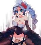  1boy 1girl blue_eyes blue_hair braid breasts clothed_sex dress earrings elbow_gloves flower girl_on_top gloves jewelry large_breasts long_hair nipples nukemichi pop&#039;n_music pop'n_music rose rosemary_(pop&#039;n_music) rosemary_(pop'n_music) sex simple_background striped_background tears vaginal 