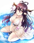  :o antenna_hair arm_support bandages barefoot between_legs black_hair blush breasts cleavage covered_nipples danua draph dress fingerless_gloves gloves granblue_fantasy hair_between_eyes hand_between_legs highres hinata_sora horn_ornament horns jewelry large_breasts long_hair looking_at_viewer necklace pointy_ears red_eyes see-through sitting solo wariza 