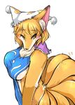  2015 anthro blonde_hair blush breasts brown_fur canine chaora clothed clothing female fox fur furrification hair hat mammal multiple_tails ran_yakumo side_boob simple_background solo standing sweat touhou white_background yellow_eyes 