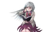  angel_wings book bow brooch dress hand_in_hair ichiba_youichi jacket jewelry kishin_sagume long_sleeves open_book open_clothes open_jacket purple_dress reading red_eyes silver_hair single_wing solo touhou wings 