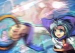  1girl berabou blue_eyes blue_hair cloud hood hood_down jewelry kesa kumoi_ichirin motion_blur open_mouth pendant ring short_hair touhou unzan 