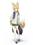  animal_ear_fluff animal_ears blonde_hair blue_eyes fox_ears fox_tail hand_on_hip holding jacket jpeg_artifacts kuroino_(poco) looking_at_viewer original poco_(asahi_age) scarf shiratama_kitsune short_hair shorts simple_background solo tabi tail 