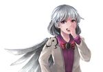  angel_wings bow brooch dress ichiba_youichi jacket jewelry kishin_sagume long_sleeves looking_at_viewer open_clothes open_jacket open_mouth purple_dress red_eyes silver_hair single_wing smile solo touhou wings 