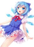  amashiro_natsuki bad_id bad_pixiv_id blue_dress blue_eyes blue_hair bow cirno commentary_request dress hair_bow ice ice_wings open_mouth puffy_short_sleeves puffy_sleeves shirt short_sleeves smile solo touhou upskirt wings 