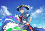  berabou blue_hair bow cloud day food fruit hand_on_hip hat hinanawi_tenshi long_hair peach red_eyes ribbon sky solo touhou translucent_hair 