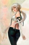  ass bad_id bad_pixiv_id bare_shoulders detached_sleeves green_eyes lips long_hair original pants parted_lips phonic solo suspenders white_hair 