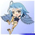  :d ahoge blue_hair blue_wings breasts brown_eyes character_name chibi copyright_name feathered_wings feathers full_body harpy medium_breasts monster_girl monster_musume_no_iru_nichijou navel open_mouth papi_(monster_musume) rikuto_kemo scales short_shorts shorts smile solo talons wings 