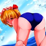  all_fours ass bad_id bad_pixiv_id bent_over blonde_hair blue_sky cloud day dripping flandre_scarlet from_behind hat hat_ribbon hideki_(itsuki_xx) looking_at_viewer looking_back mob_cap one-piece_swimsuit red_eyes ribbon school_swimsuit short_hair side_ponytail sky solo swimsuit touhou water wet 