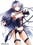  1girl :c bare_shoulders black_panties breasts closed_mouth female fishnets frown garter_belt grey_hair hinariaoba long_hair looking_at_viewer midriff navel original panties pointy_ears simple_background solo thighhighs underwear whip white_background yellow_eyes 