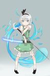  black_hairband blue_eyes full_body glowing hairband highres hitodama katana konpaku_youmu konpaku_youmu_(ghost) looking_at_viewer mugcup pigeon-toed puffy_short_sleeves puffy_sleeves ribbon short_hair short_sleeves silver_hair skirt smile solo standing sword touhou wakizashi weapon 