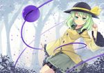  black_hat blank_stare cowboy_shot forest green_eyes green_hair green_skirt hat hat_ribbon komeiji_koishi mzrz nature petals ribbon shirt skirt solo third_eye touhou tree yellow_ribbon yellow_shirt 