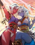  arm_up armpits asymmetrical_docking bad_id bad_pixiv_id blue_oni blue_skin boots braid breast_press breasts ddongu fundoshi grin highres horn hug japanese_clothes long_hair medium_breasts multiple_girls no_pants oni original pointy_ears red_oni red_skin short_hair skull smile staff very_long_hair weapon white_hair yellow_eyes 