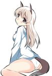  abenattou animal_ears arm_support ass black_eyes blonde_hair blush eila_ilmatar_juutilainen from_behind hood hoodie long_hair looking_at_viewer no_pants panties sitting solo strike_witches tail underwear wariza white_background white_panties world_witches_series 