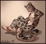  2015 anthro blue_eyes crossed_legs ekbellatrix feline fluffy leopard looking_at_viewer male mammal nude pink_nose pointing simple_background smile snow_leopard solo spots whiskers 